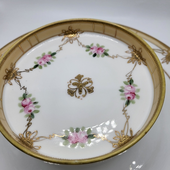 VTG Nippon Tiered Cheese Crackers Dish Handpainted Pink Roses Gold Trim Flowers - Picture 7 of 10